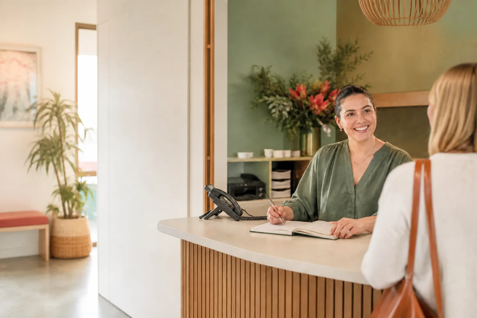 A New Zealand receptionist welcoming a customer with the business phone and appointment diary ready on the desk.