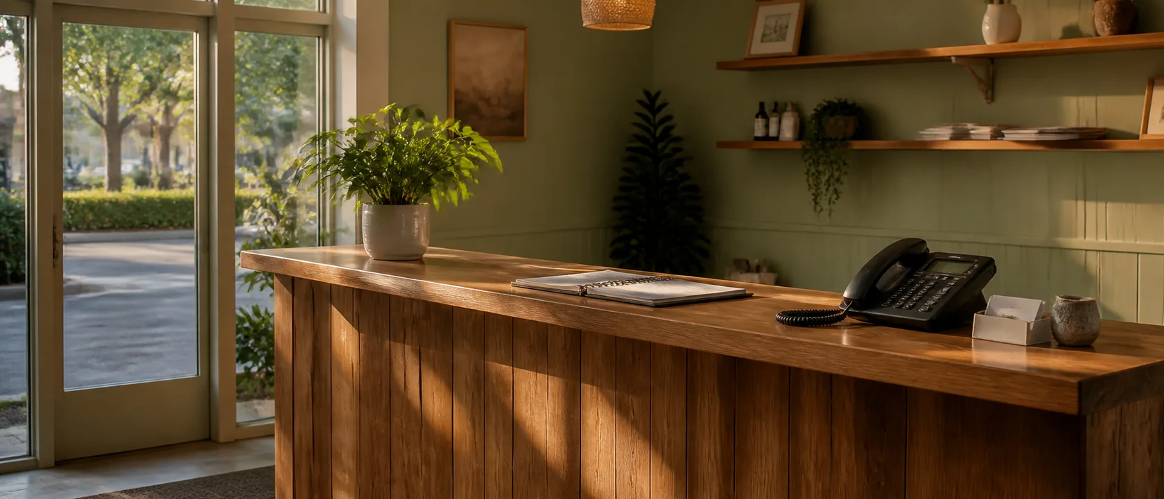 A welcoming timber reception counter with a phone, appointment diary and leafy plant.
