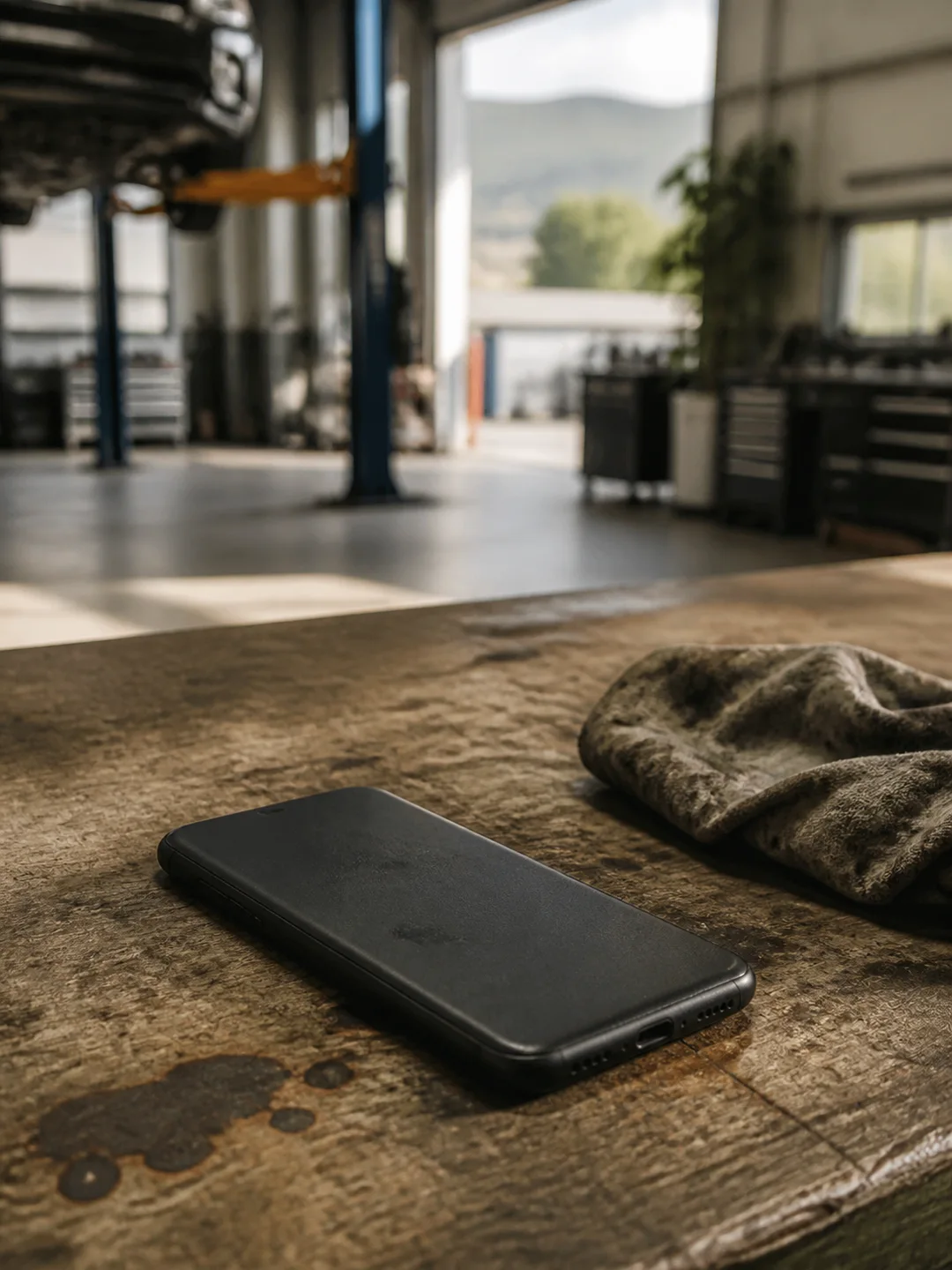 A phone resting on a workbench in a sunlit workshop
